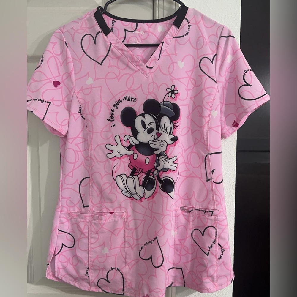 Disney Mickey & Minnie Mouse pink and black scrub top Sz small